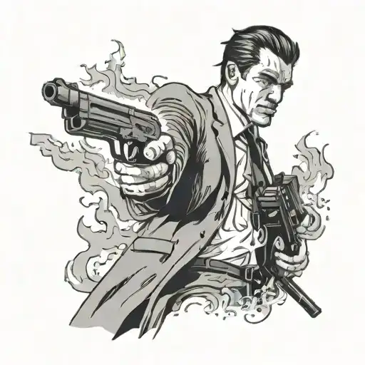 A burning residence a man in a black suit holding a black bag and a gun tattoo design idea