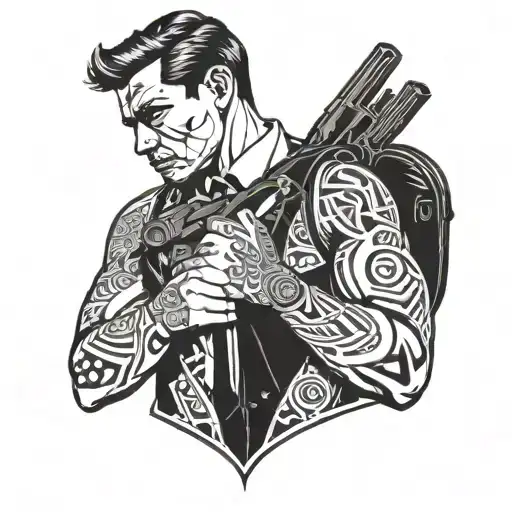 man in suit holding gun and black bag tattoo design idea