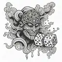 Falling dice among the smoke, a man in a mask with closed eyes tattoo design idea