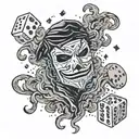 Falling dice among the smoke, a man in a mask with closed eyes tattoo design idea