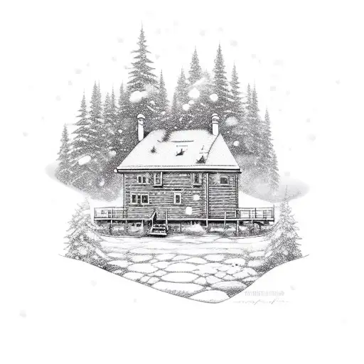 A snow-covered cozy cabin with a fireplace and your loved ones inside, capturing your love for family and cozy environments tattoo design idea