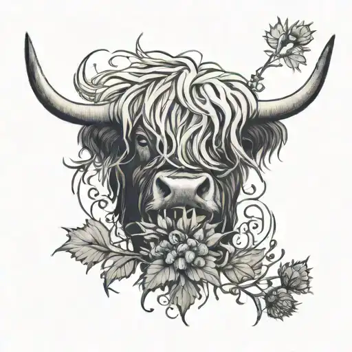 highland cow with thistle intertwined tattoo design idea
