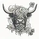 highland cow with thistle intertwined tattoo design idea