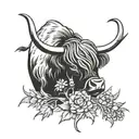highland cow with thistle intertwined tattoo design idea