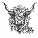 highland cow with thistle intertwined tattoo design idea