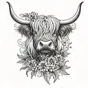 highland cow with thistle intertwined tattoo design idea