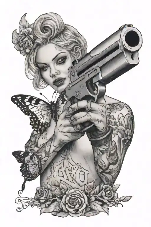 A woman licking a butterfly knife and brandishing a pistol  with the phrase Plato o Plomo tattoo design idea