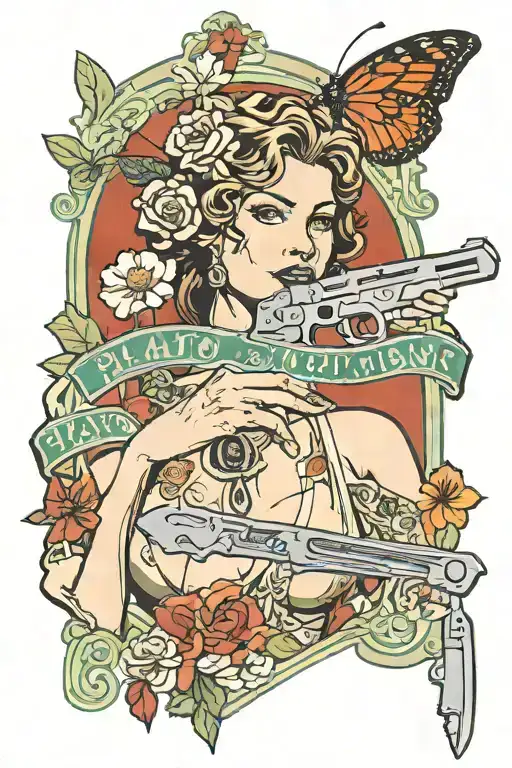 A woman licking a butterfly knife and brandishing a Colt 1911 with the phrase Plato o Plomo tattoo design idea