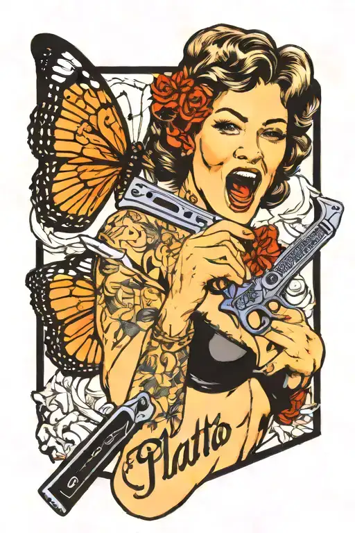 A woman licking a butterfly knife and brandishing a pistol  with the phrase Plato o Plomo tattoo design idea