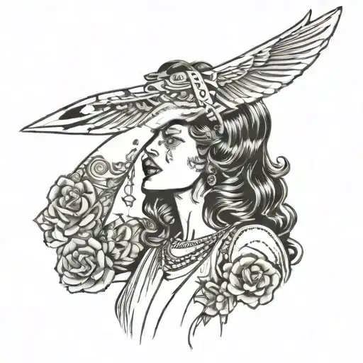 A woman licking a butterfly knife and brandishing a Colt 1911 with the phrase Plato o Plomo  tattoo design idea