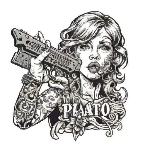A woman licking a butterfly knife and brandishing a Colt 1911 with the phrase Plato o Plomo tattoo design idea