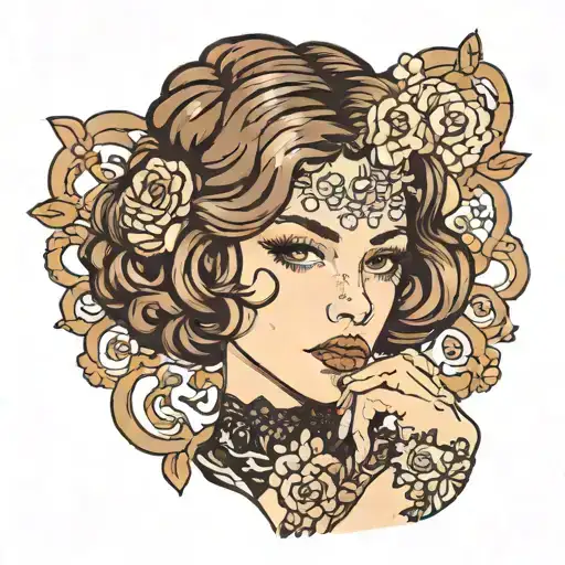 girl with brown wavy bob with lace gloves  tattoo design idea