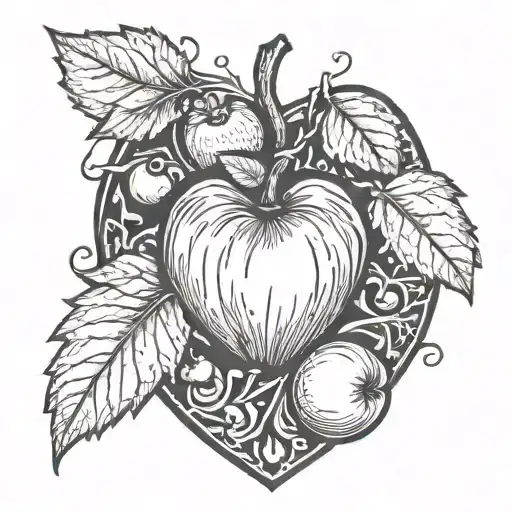 hear shape surrounded with one apple and an oak acorn tattoo design idea