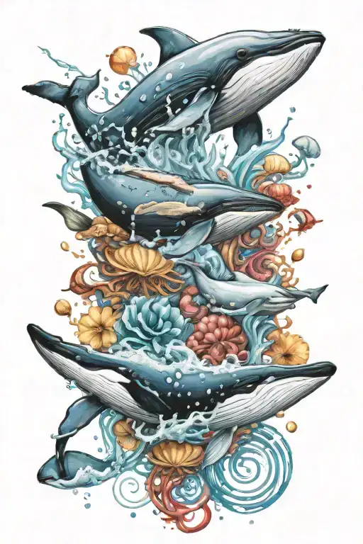 watersplashes with a whale and jellyfish, shells and a seadiver  tattoo design idea