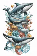 watersplashes with a whale and jellyfish, shells and a seadiver  tattoo design idea