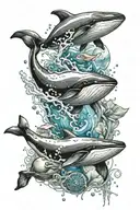 watersplashes with a whale and jellyfish, shells and a seadiver  tattoo design idea