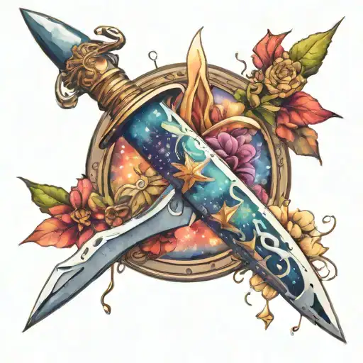 dagger filled with galaxies inside tattoo design idea