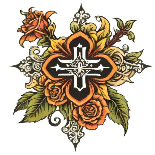 cross flower Romans 8:28 bible verse tattoo design idea