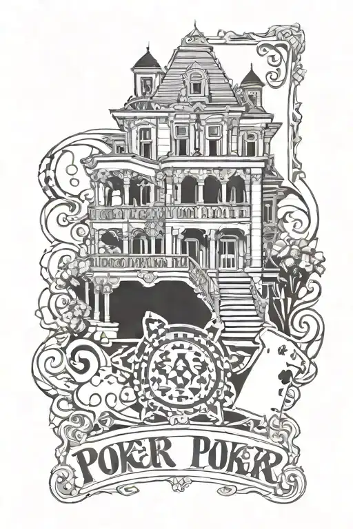 Poker, music dead lead singers, tool band logo, Mansion architecture in background tattoo design idea