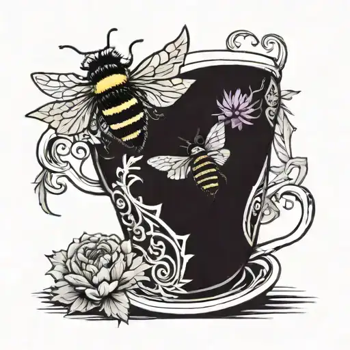 tea cup with book, thistle and bee tattoo design idea