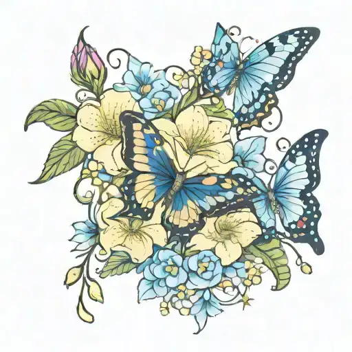 evening primrose and blue star flower intertwined with blue butterflies surrounding   tattoo design idea
