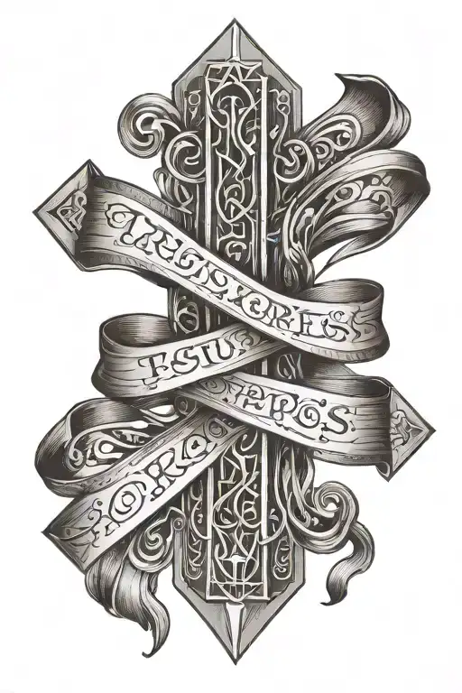 cross with a ribbon wrapped around it inside the ribbon says trust the process tattoo design idea