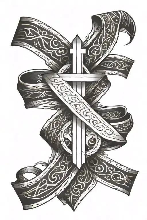 cross with a ribbon wrapped around inside, the ribbon says trust the process tattoo design idea