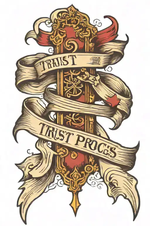 cross with a ribbon wrapped around it inside the ribbon says trust the process tattoo design idea