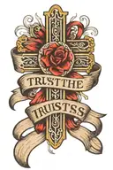 cross with a ribbon wrapped around it inside the ribbon says trust the process tattoo design idea