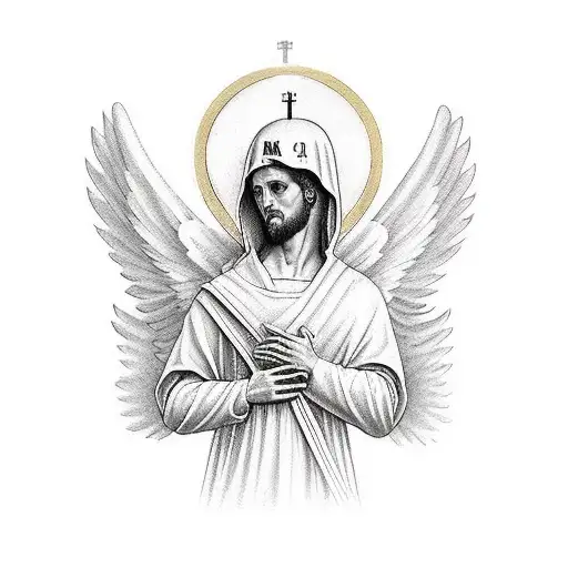Archangel Gabriel with text underneath saying "Et verbum caro factum est. Et habitavit en nobis" tattoo design idea