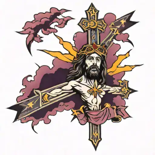 Jesus cross with purple sash with dark clouds and lightning tattoo design idea