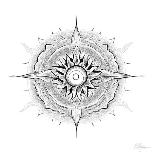 A black-grey tattoo of a serene beach landscape with palm trees, waves crashing, and a mandala sun setting in the sky tattoo design idea