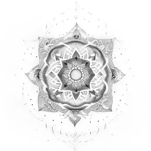 A dotwork tattoo of a mesmerizing mandala composed of elements from nature like trees, animals, and waterfalls tattoo design idea