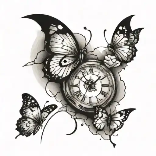 broken clock with 3 butterflies tattoo design idea