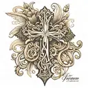 cross created out of the words forgiven & SBGTF tattoo design idea