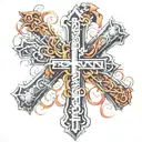 cross created out of the words forgiven & SBGTF tattoo design idea