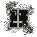 cross with horizontal beam made of letters SBGTF & vertical beam made of word forgiven. Bound together by vines & rose tattoo design idea