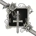 cross with horizontal beam made of letters SBGTF & vertical beam made of word forgiven. Bound together by vines & rose tattoo design idea