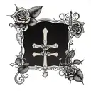 cross with horizontal beam made of letters SBGTF & vertical beam made of word forgiven. Bound together by vines & rose tattoo design idea