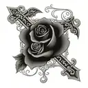 cross with horizontal beam made of letters SBGTF & vertical beam made of word forgiven. Bound together by vines & rose tattoo design idea