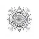 A blackwork tattoo of a serene beach landscape with palm trees and gentle waves, incorporating spiritual symbols like mandalas or lotus flowers. tattoo design idea