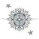 A blackwork tattoo of a serene beach landscape with palm trees and gentle waves, incorporating spiritual symbols like mandalas or lotus flowers. tattoo design idea