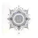 A blackwork tattoo of a serene beach landscape with palm trees and gentle waves, incorporating spiritual symbols like mandalas or lotus flowers. tattoo design idea