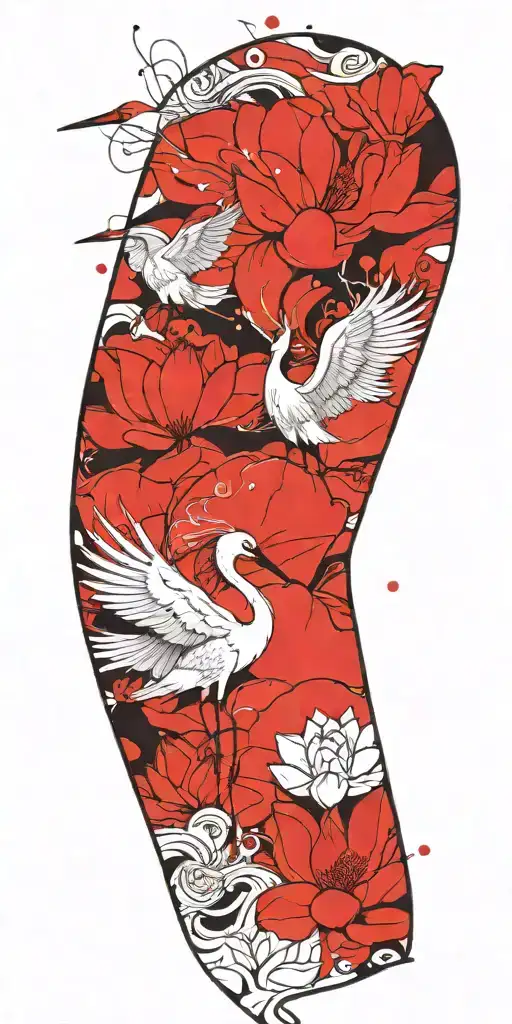 crane, lotus, wind, waves, clouds tattoo design idea