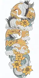 crane, lotus, wind, waves, clouds tattoo design idea