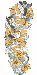 crane, lotus, wind, waves, clouds tattoo design idea