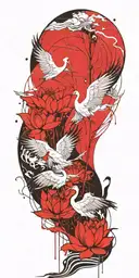 crane, lotus, wind, waves, clouds tattoo design idea