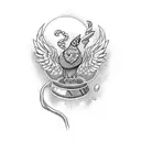 Create a black and white tattoo with a bottle of wine, two canary and a minelamp tattoo design idea