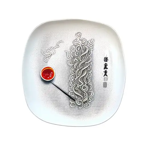 noodles on a plate with fork and ketchup  tattoo design idea