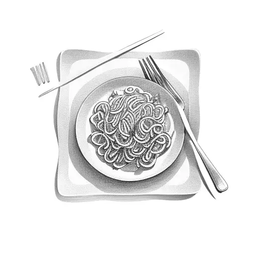 noodles on a plate with fork and ketchup  tattoo design idea